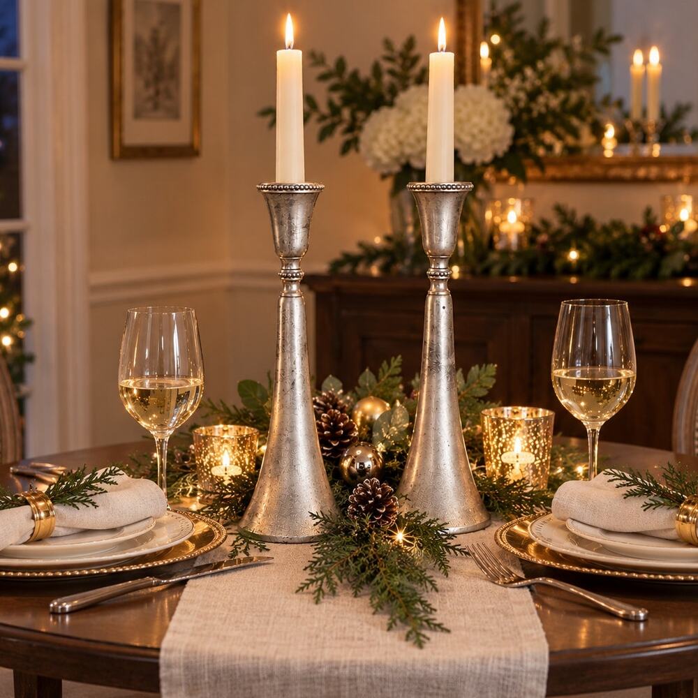 Vintage Pottery Barn Trumpet Candle Holders Silver Tone Beaded Pair 12"